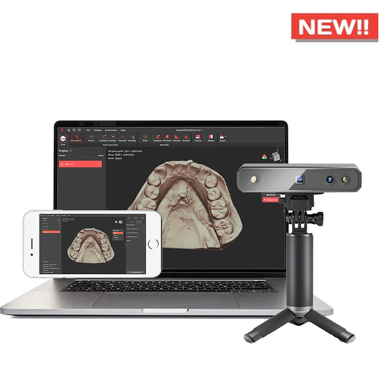 Revopoint Mini 2 no tripé ao lado de notebook e celular exibindo a malha 3D de um modelo de arcada dentária